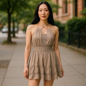 Mustard Seed Brown Halter Mini Dress with Ruched Ruffles